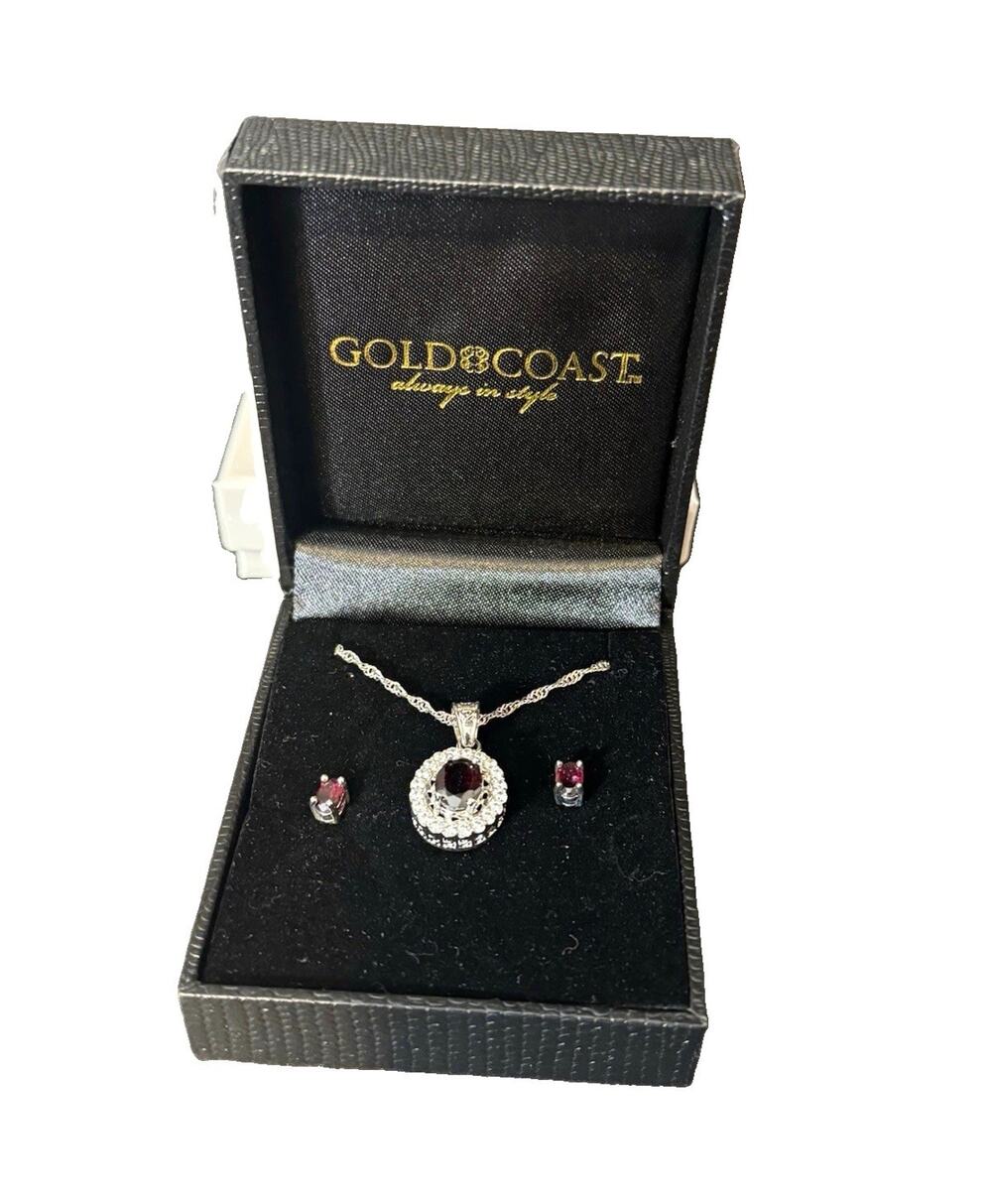 Gold Coast Silver Tone Red Oval Rhinestone Pendant Necklace & Stud Earrings Set